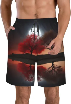 Red Tree Lake Moon Men's Swim Trunks Quick Dry Board Shorts with Pockets Drawstring Beach Shorts Bathing Suit