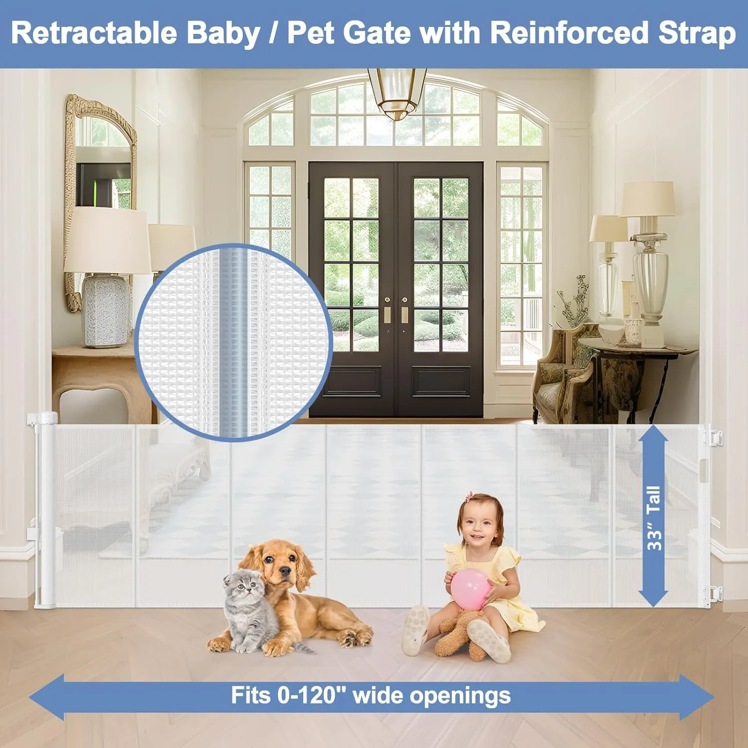 Reinforced 120 Inch Extra Wide Retractable Baby Gates Extra Wide Baby Gates for Large Openings Baby Gates Extra Wide Retractable Dog Gate for The House Extra Wide Dog Gate Extra Long Baby Gate for Dog