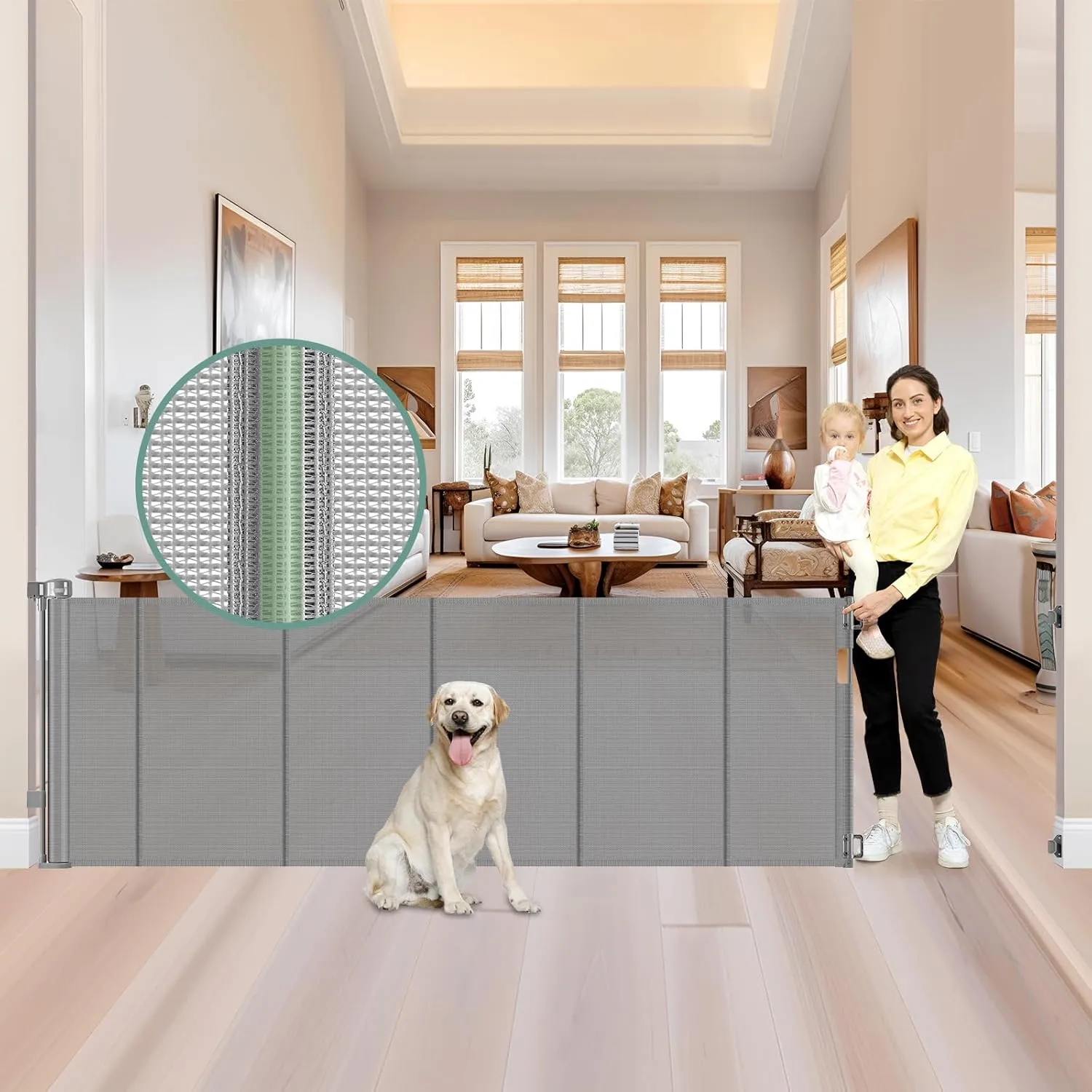 Reinforced 159 Inch Extra Wide Baby Gate for Large Openings Prevent Babies and Dogs from Crawling Through Retractable Baby Gates Extra Wide Retractable Dog Gate Outdoor Dog Gates for Doorways, Gray