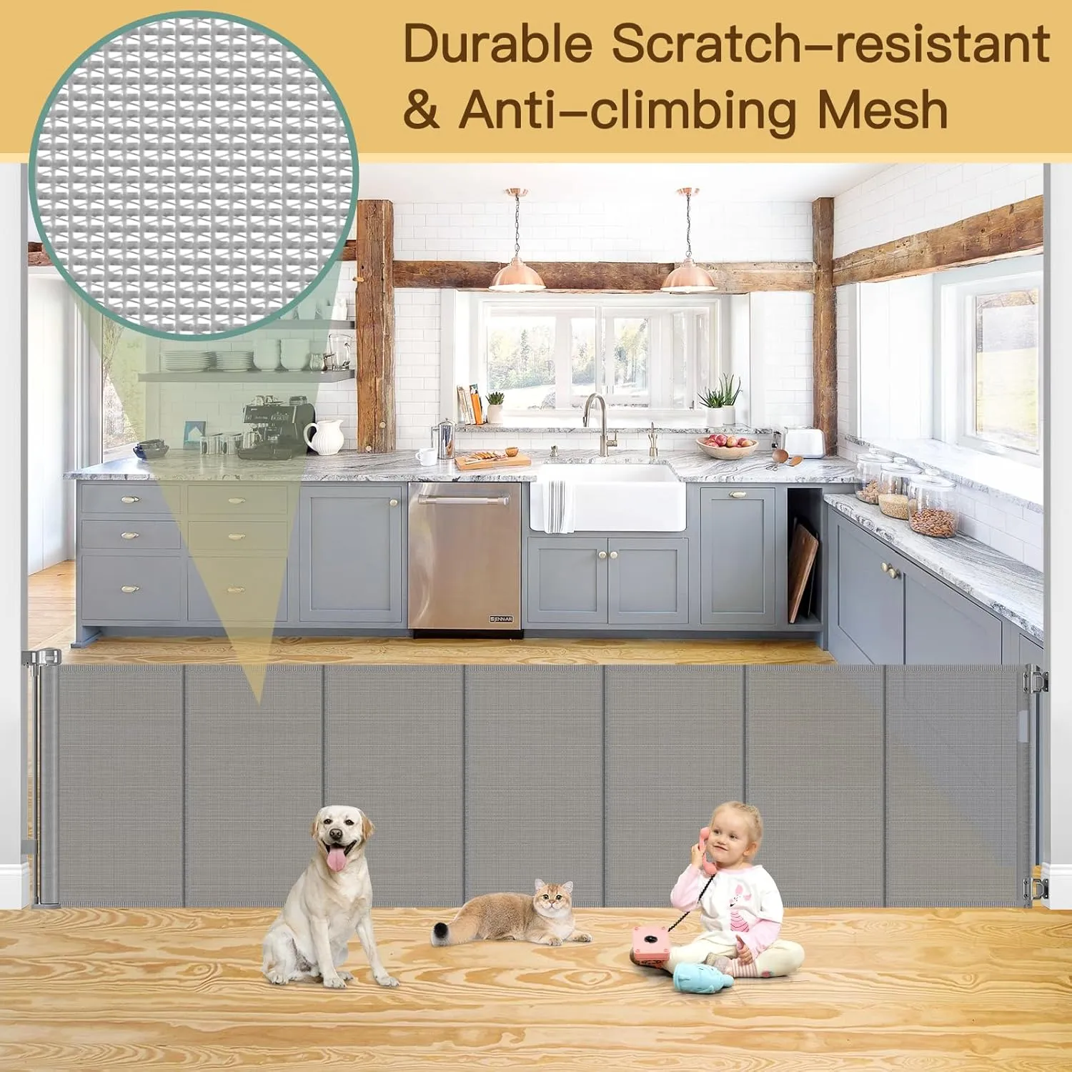 Reinforced 159 Inch Extra Wide Baby Gate for Large Openings Prevent Babies and Dogs from Crawling Through Retractable Baby Gates Extra Wide Retractable Dog Gate Outdoor Dog Gates for Doorways, Gray