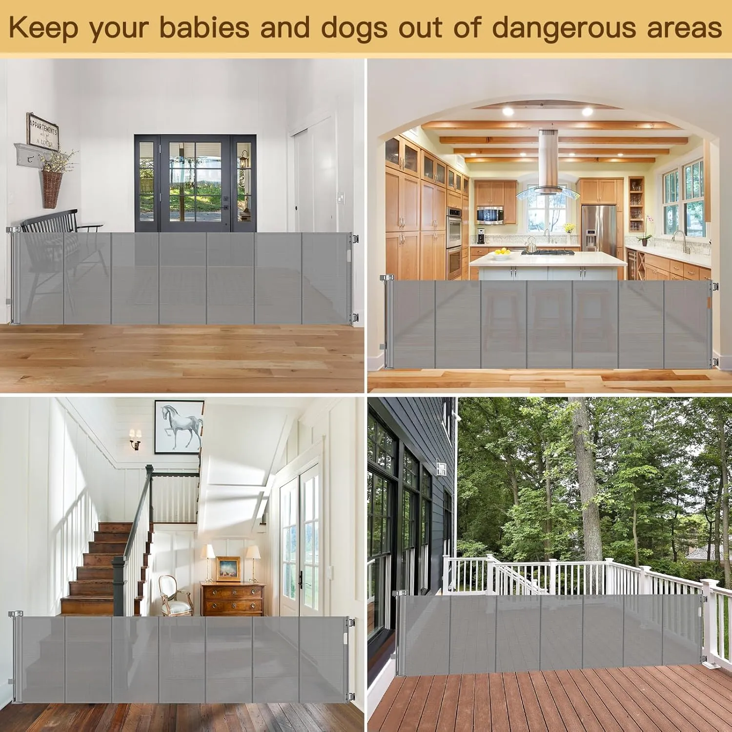 Reinforced 159 Inch Extra Wide Baby Gate for Large Openings Prevent Babies and Dogs from Crawling Through Retractable Baby Gates Extra Wide Retractable Dog Gate Outdoor Dog Gates for Doorways, Gray