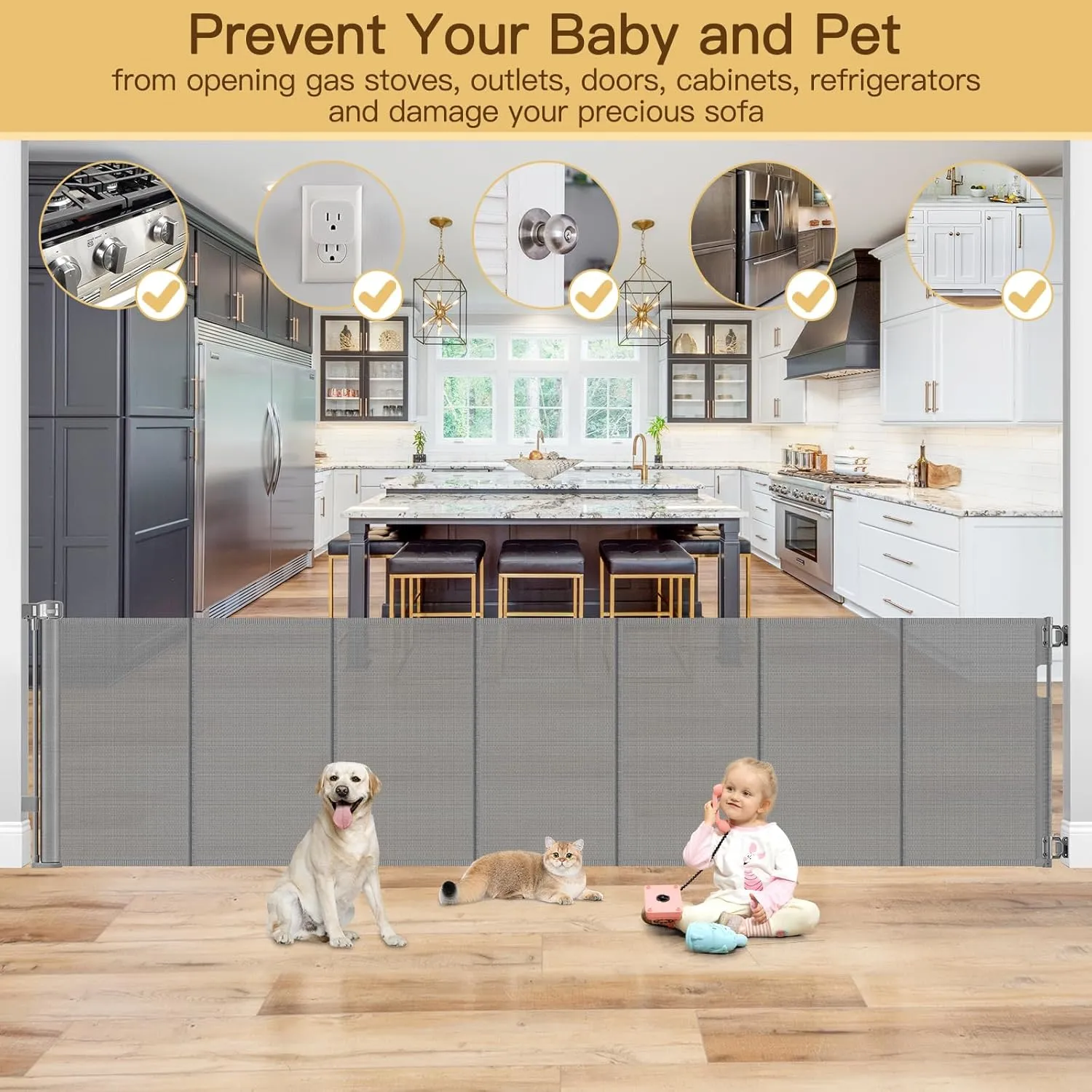 Reinforced 159 Inch Extra Wide Baby Gate for Large Openings Prevent Babies and Dogs from Crawling Through Retractable Baby Gates Extra Wide Retractable Dog Gate Outdoor Dog Gates for Doorways, Gray