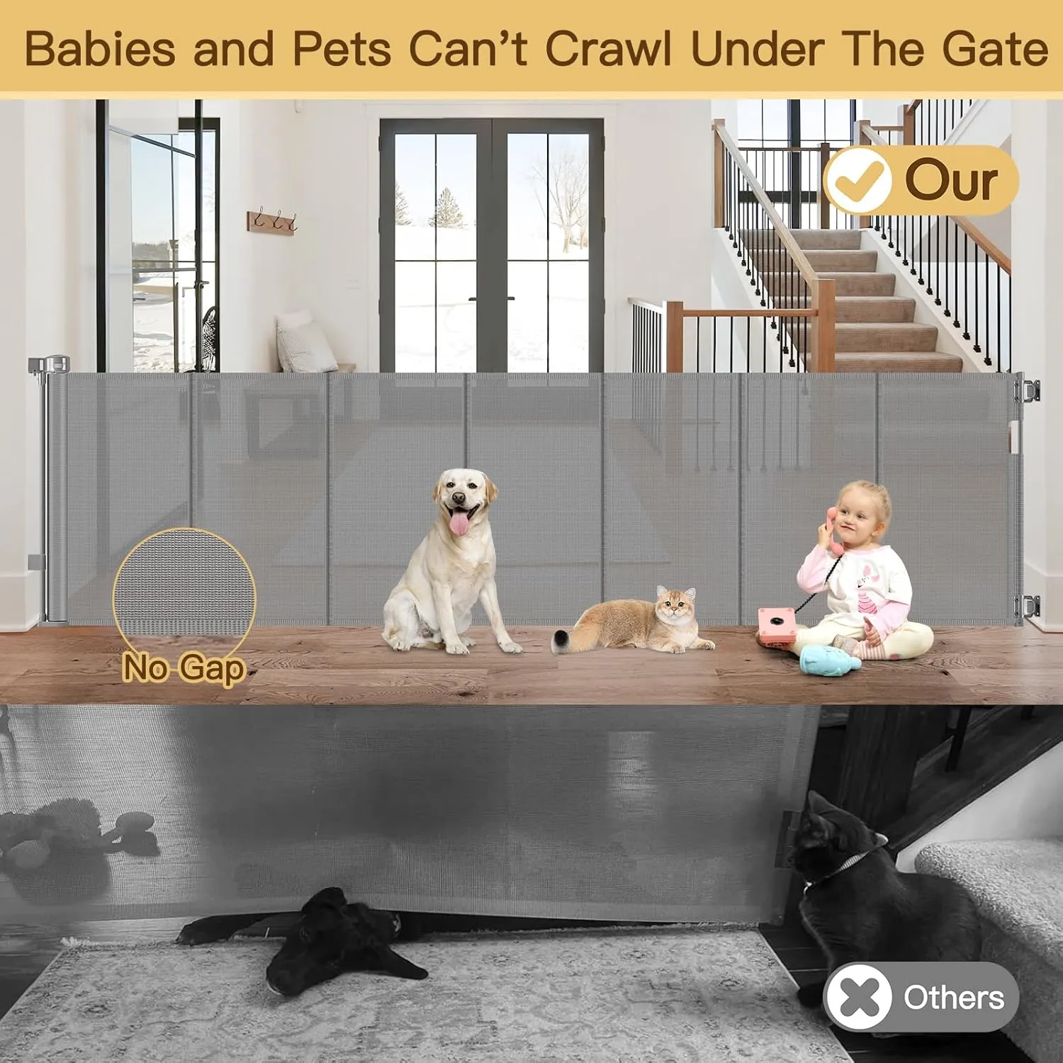 Reinforced 159 Inch Extra Wide Baby Gate for Large Openings Prevent Babies and Dogs from Crawling Through Retractable Baby Gates Extra Wide Retractable Dog Gate Outdoor Dog Gates for Doorways, Gray