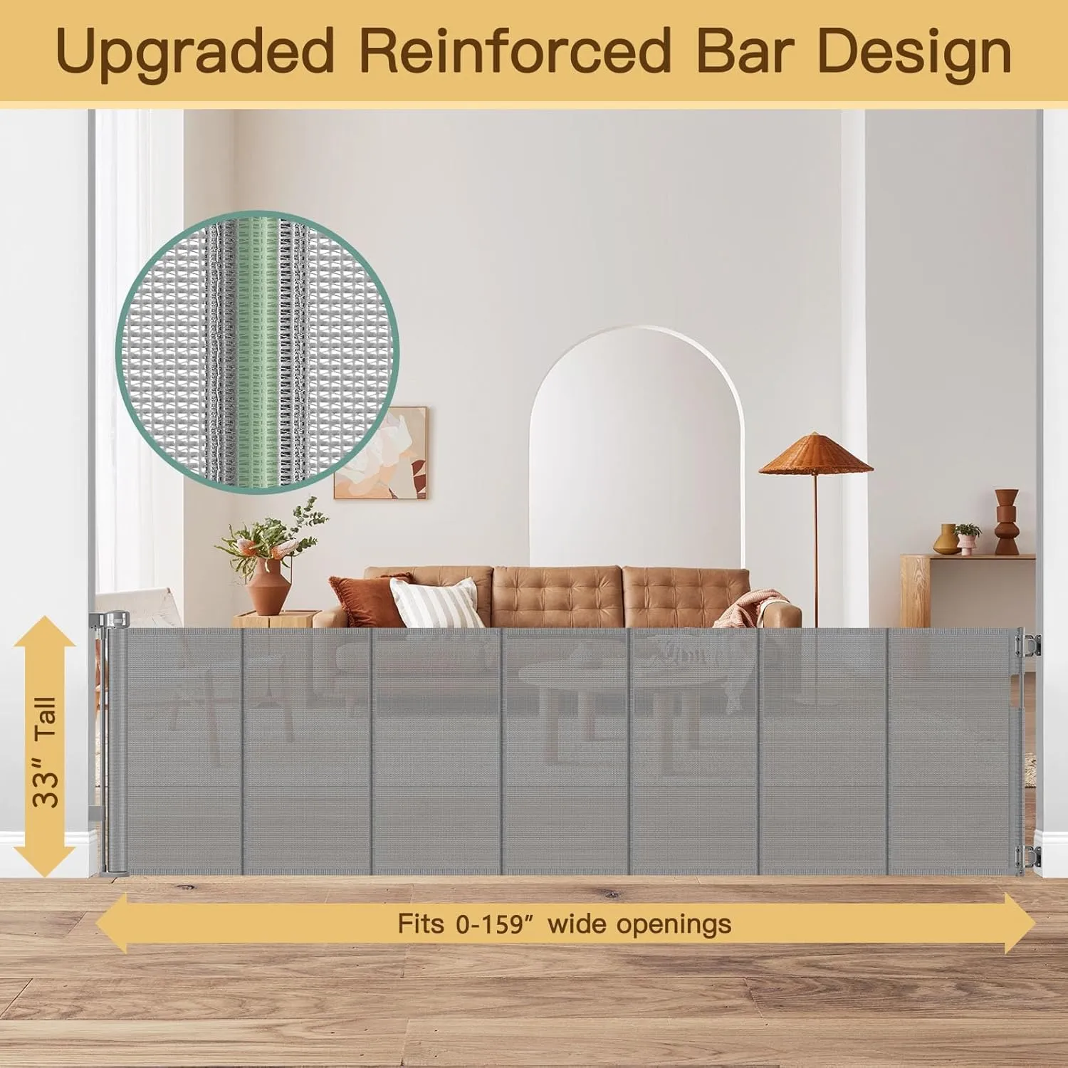 Reinforced 159 Inch Extra Wide Baby Gate for Large Openings Prevent Babies and Dogs from Crawling Through Retractable Baby Gates Extra Wide Retractable Dog Gate Outdoor Dog Gates for Doorways, Gray