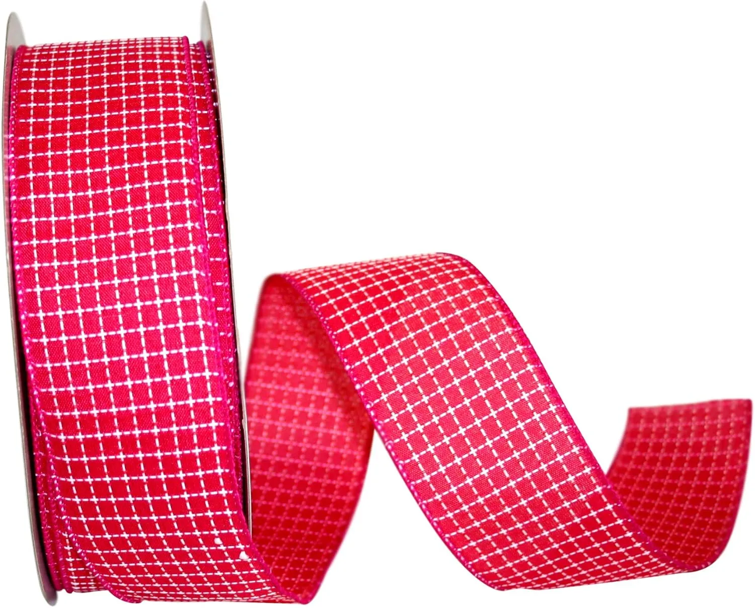Reliant Ribbon Saddle Stitch Check Linen Value Wired Edge Ribbon, 2-1/2 Inch X 50 Yards, Shocking Pink