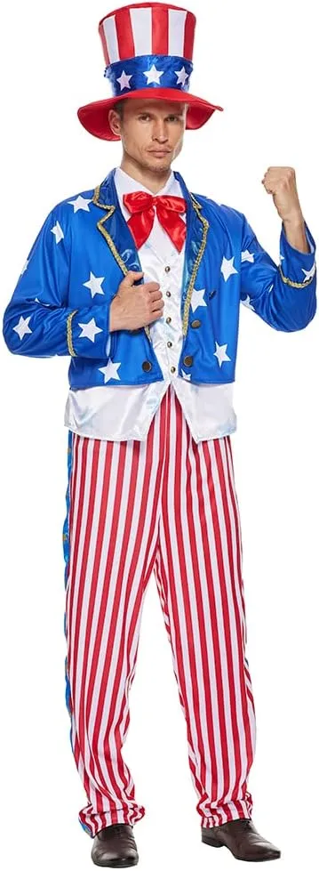 ReneeCho Uncle Sam Costume Set Men Adult Suit 4th July American Independence Day Patriotic Party Dress Suit with Hat Bowtie
