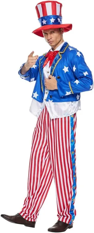 ReneeCho Uncle Sam Costume Set Men Adult Suit 4th July American Independence Day Patriotic Party Dress Suit with Hat Bowtie