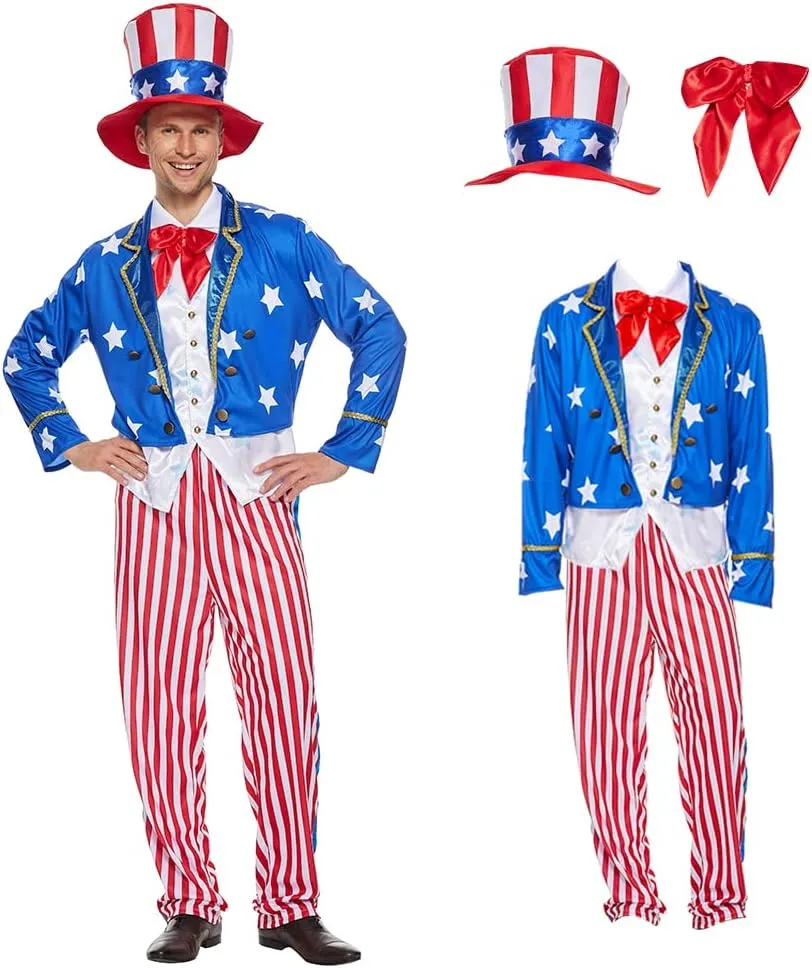 ReneeCho Uncle Sam Costume Set Men Adult Suit 4th July American Independence Day Patriotic Party Dress Suit with Hat Bowtie