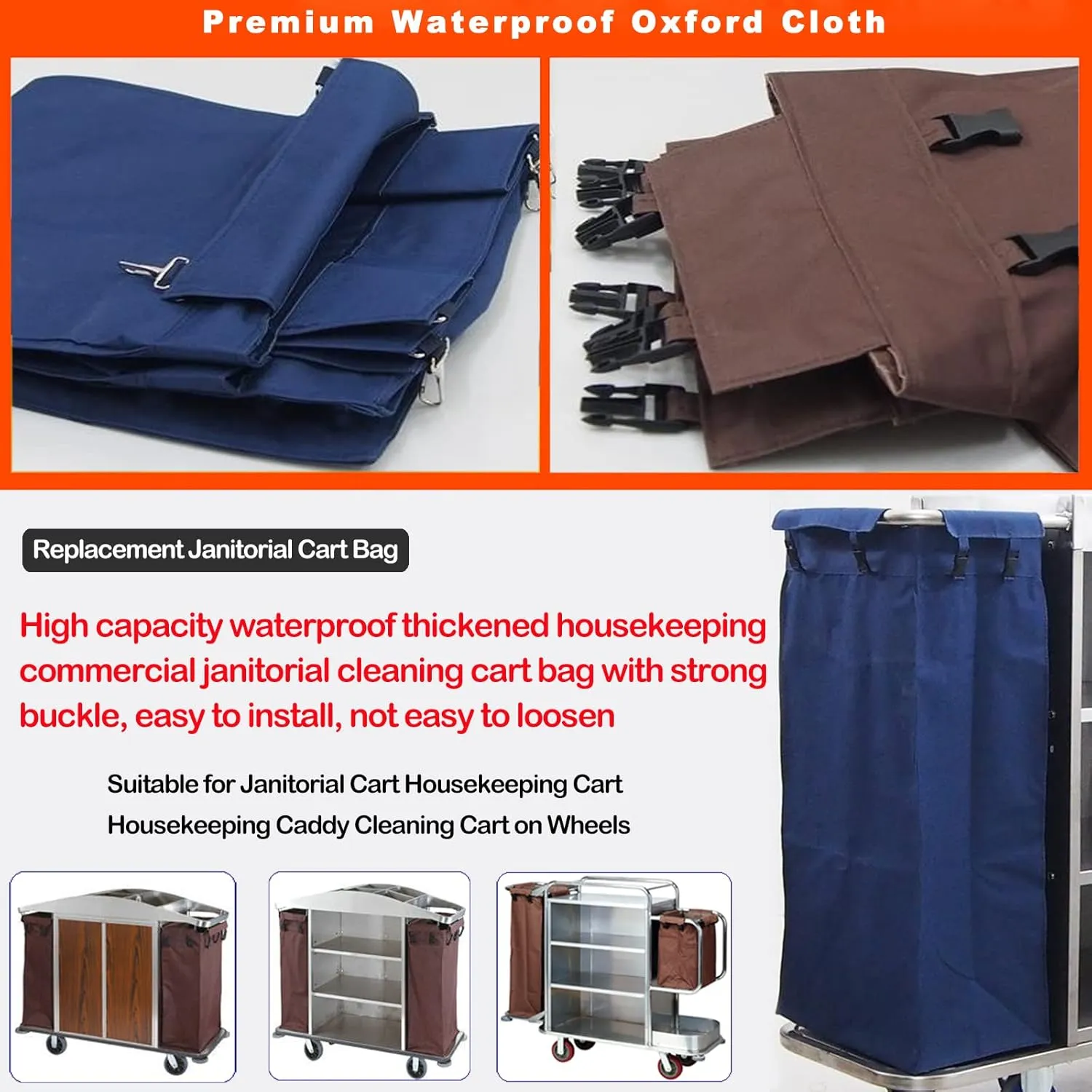 Replacement Janitorial Cart Bag, High Capacity Waterproof Thickened Housekeeping Commercial Janitorial Cleaning Cart Bag with 8 Strong Buckle - 15 x 11 x 33 inches (26 Gallon)