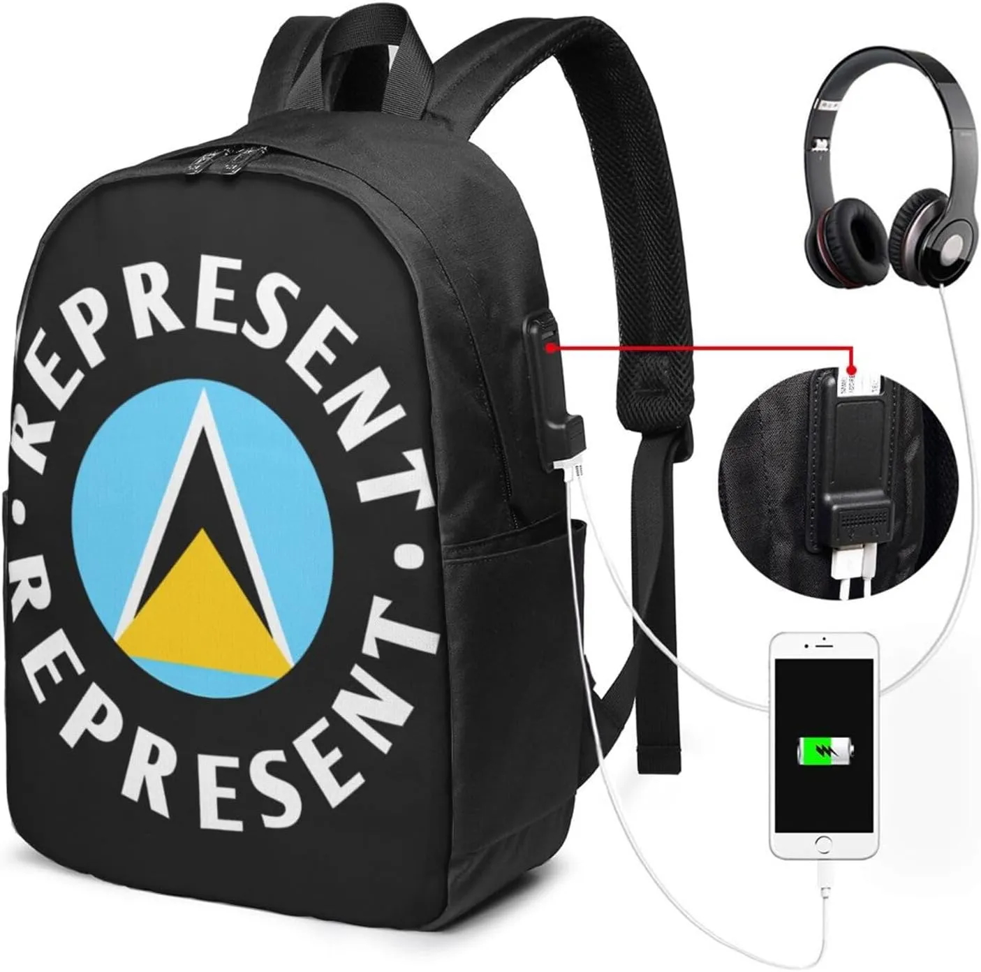 Represent Saint Lucian Lucia Flag Laptop Backpacks Travel Backpack Casual Business Daypack Sport Rucksack Computer Bag Fits up to 17 Inch Notebook with USB Port