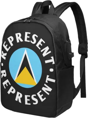 Represent Saint Lucian Lucia Flag Laptop Backpacks Travel Backpack Casual Business Daypack Sport Rucksack Computer Bag Fits up to 17 Inch Notebook with USB Port