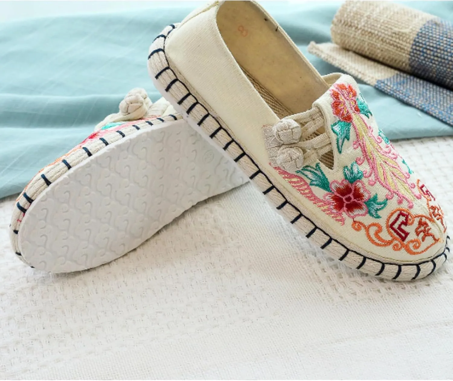 Retro Women's Handmade Linen Shoes, Fashion Soft Flat Heel Casual Footwear, Traditional Breathable Flat Shoes,8.5,White
