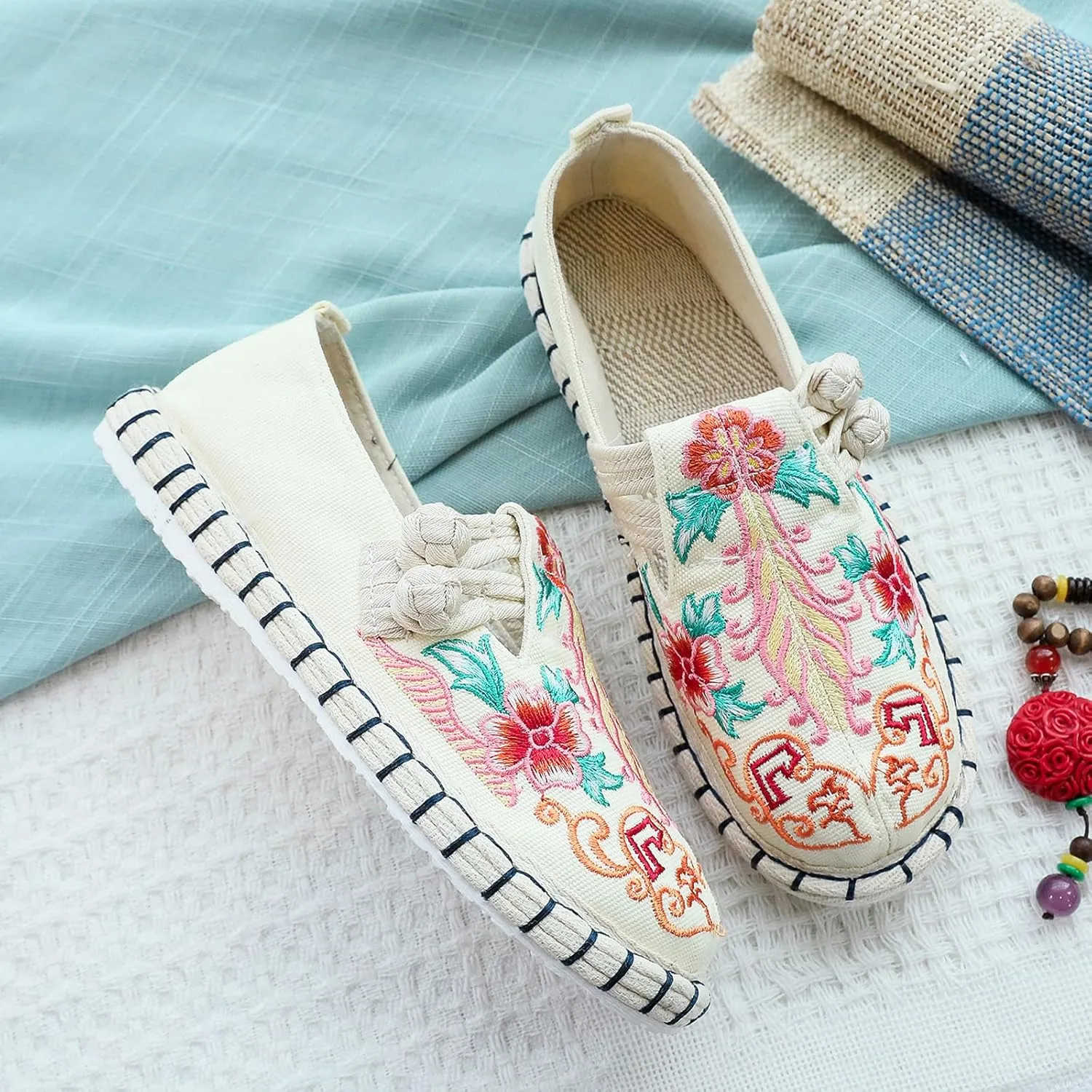 Retro Women's Handmade Linen Shoes, Fashion Soft Flat Heel Casual Footwear, Traditional Breathable Flat Shoes,8.5,White