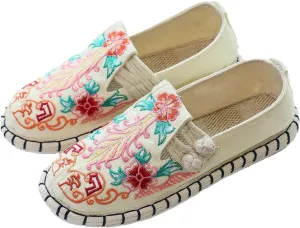 Retro Women's Handmade Linen Shoes, Fashion Soft Flat Heel Casual Footwear, Traditional Breathable Flat Shoes,8.5,White