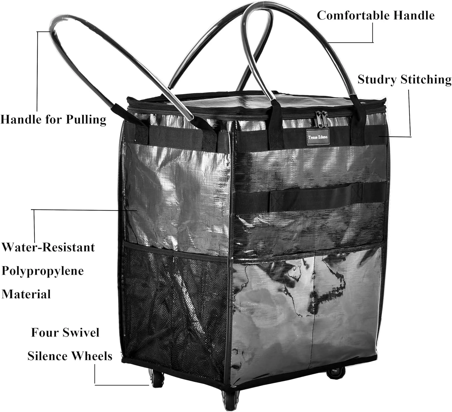 Reusable Grocery Bag On Wheels Large Capacity Shopping Trolley Foldable Rolling Tote with Outside Pocket, Heavy Duty Handle (Black, Medium)