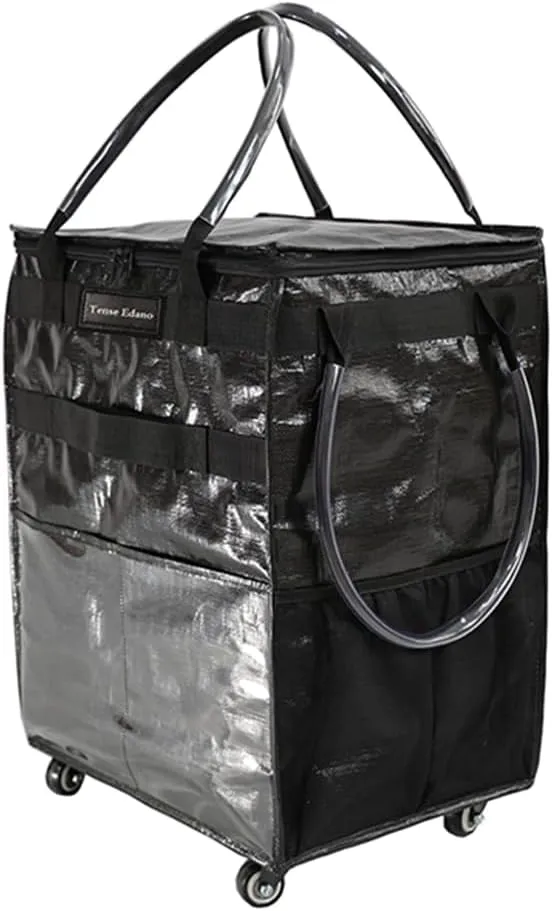 Reusable Grocery Bag On Wheels Large Capacity Shopping Trolley Foldable Rolling Tote with Outside Pocket, Heavy Duty Handle (Black, Medium)
