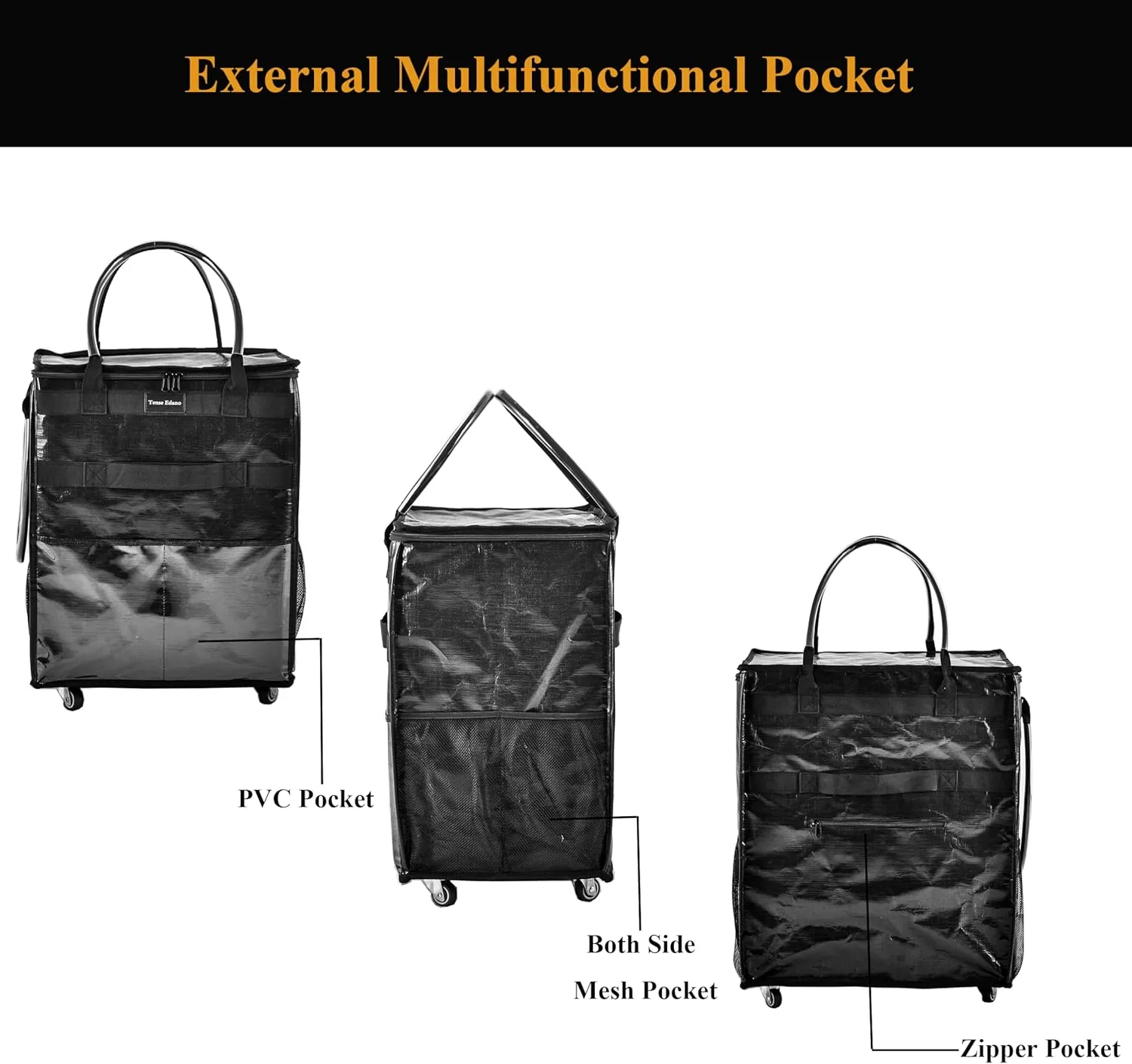 Reusable Grocery Bag On Wheels Large Capacity Shopping Trolley Foldable Rolling Tote with Outside Pocket, Heavy Duty Handle (Black, Medium)