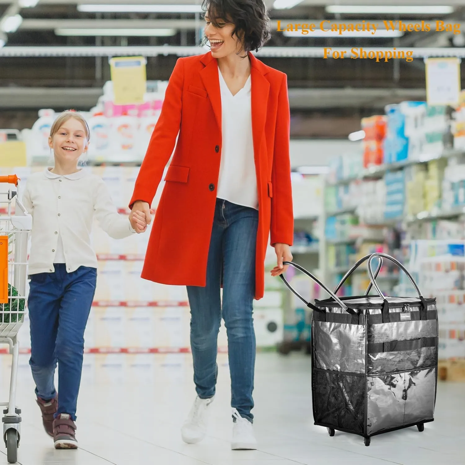 Reusable Grocery Bag On Wheels Large Capacity Shopping Trolley Foldable Rolling Tote with Outside Pocket, Heavy Duty Handle (Black, Medium)