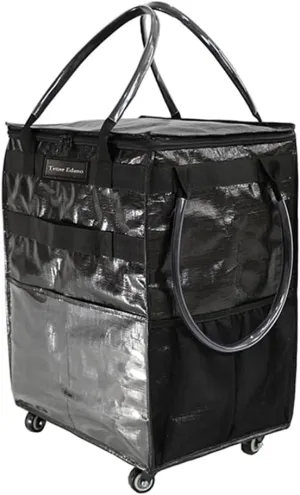 Reusable Grocery Bag On Wheels Large Capacity Shopping Trolley Foldable Rolling Tote with Outside Pocket, Heavy Duty Handle (Black, Medium)