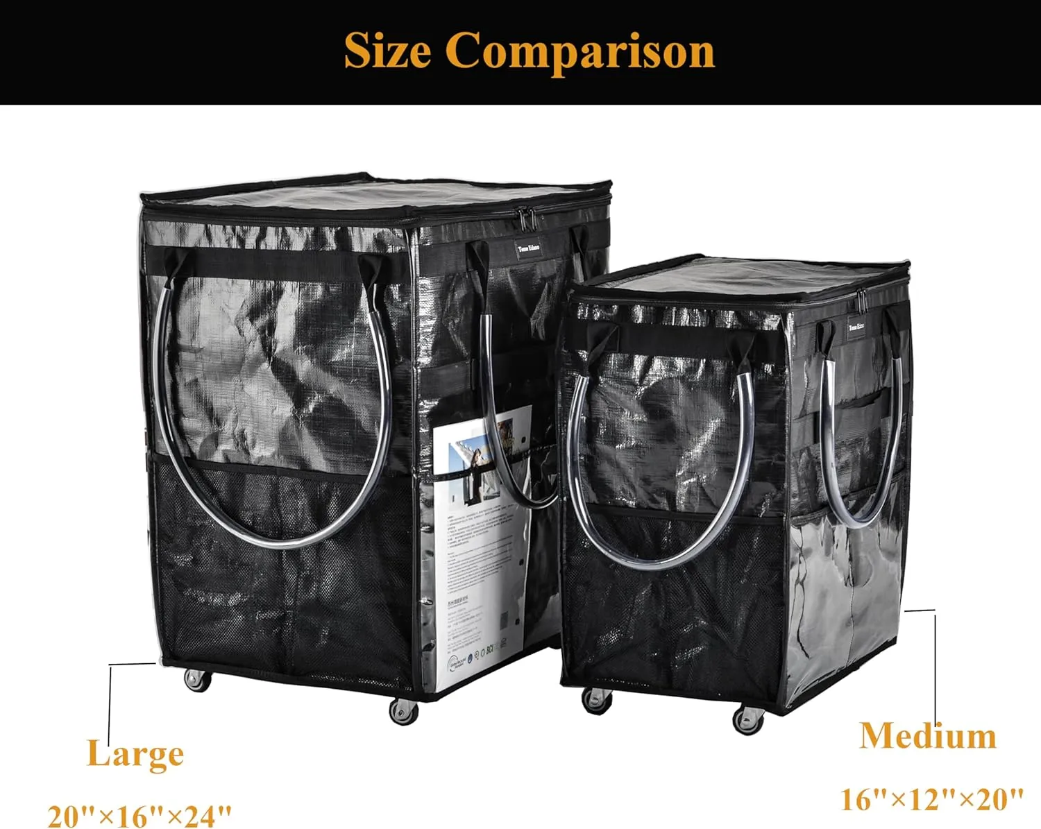 Reusable Grocery Bag On Wheels Large Capacity Shopping Trolley Foldable Rolling Tote with Outside Pocket, Heavy Duty Handle (Black, Medium)