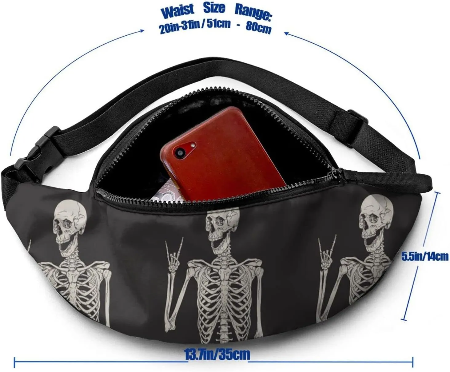 Rock And Roll Skeleton Skull Boho Hippie Fanny Pack For Women Man Sport Waist Pack Bag Adjustable Workout Waist Bag, Black 4, One Size