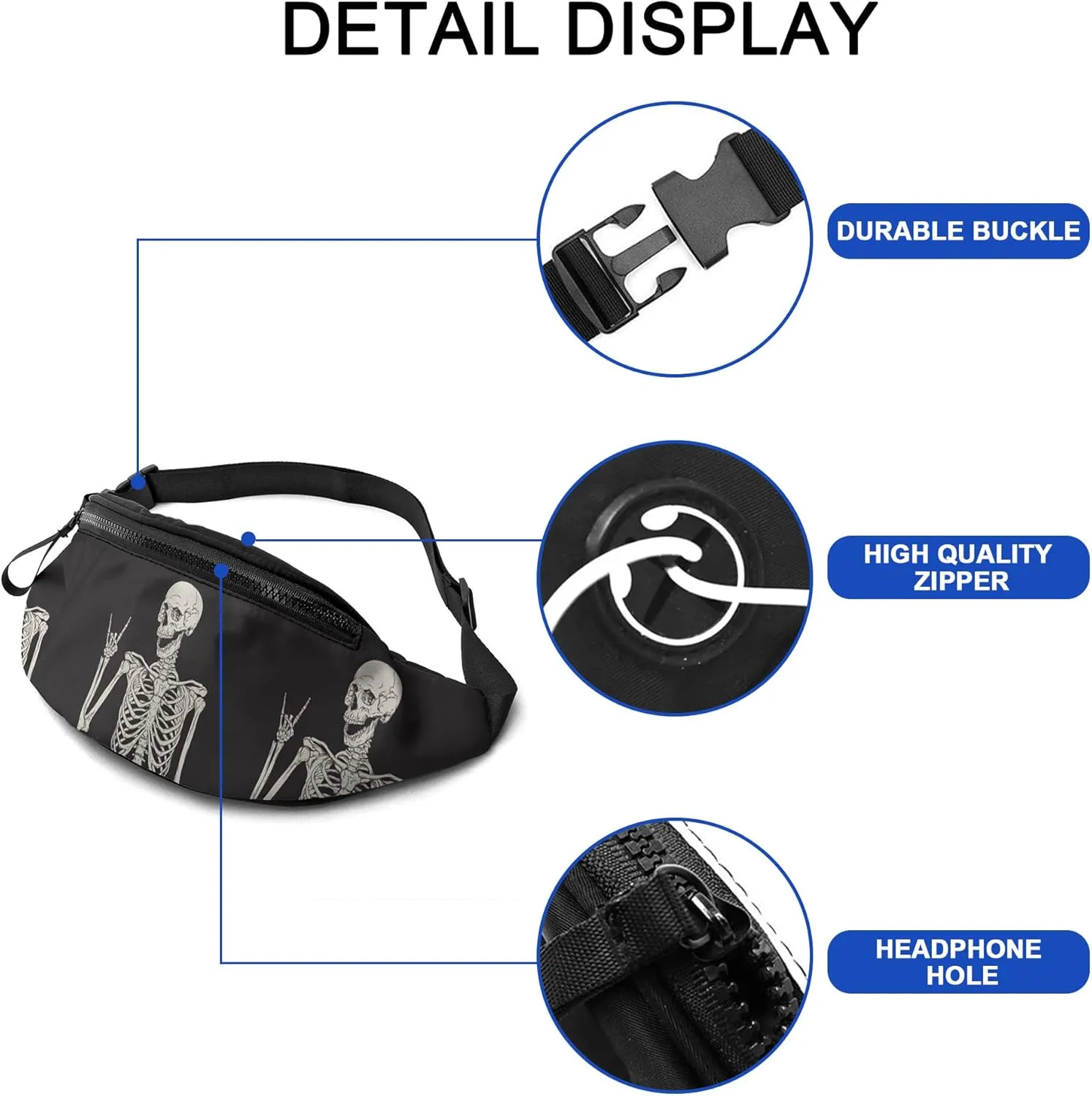 Rock And Roll Skeleton Skull Boho Hippie Fanny Pack For Women Man Sport Waist Pack Bag Adjustable Workout Waist Bag, Black 4, One Size