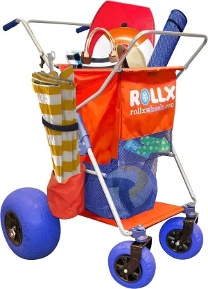 RollX Foldable Storage Wagon with 4 Balloon Wheels for Sand, Rear 13 Inch & Front 7 Inch Beach Tires (Pump Included) (Orange)