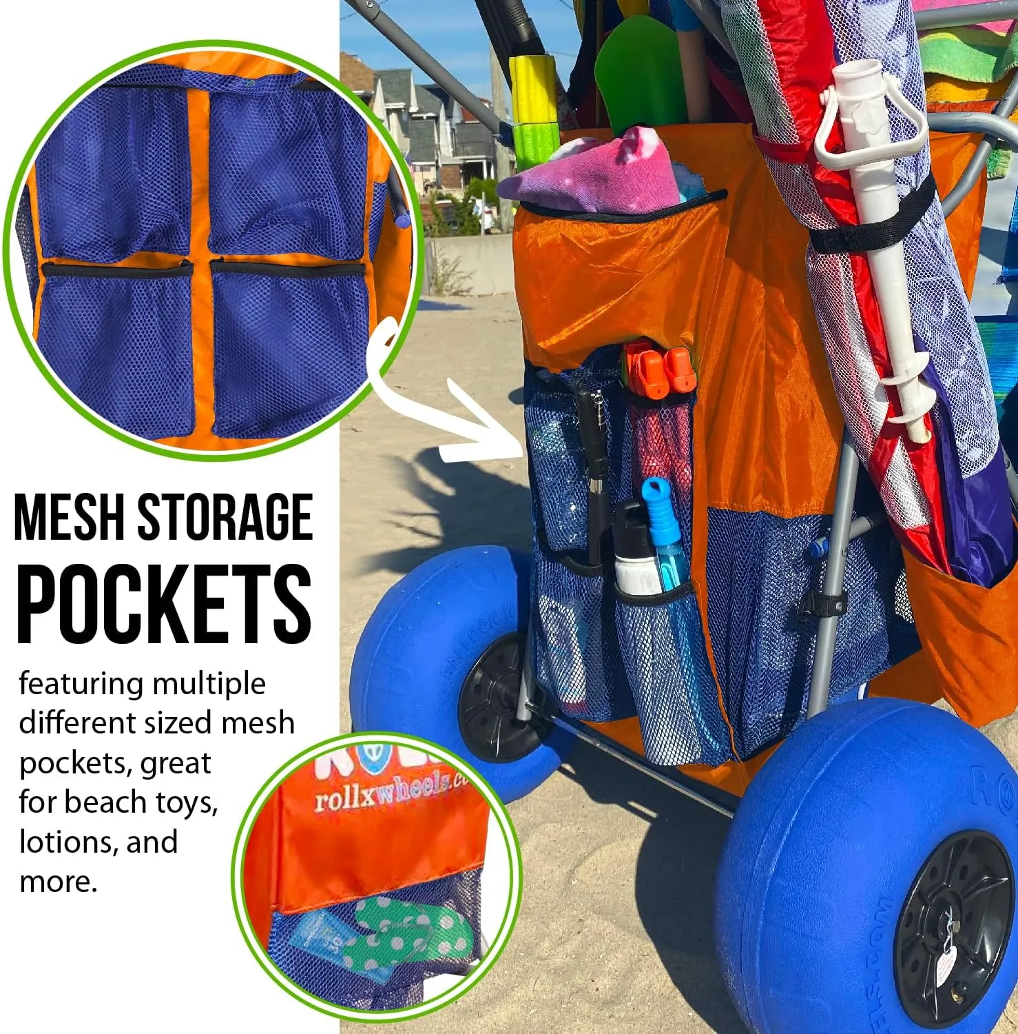RollX Foldable Storage Wagon with 4 Balloon Wheels for Sand, Rear 13 Inch & Front 7 Inch Beach Tires (Pump Included) (Orange)