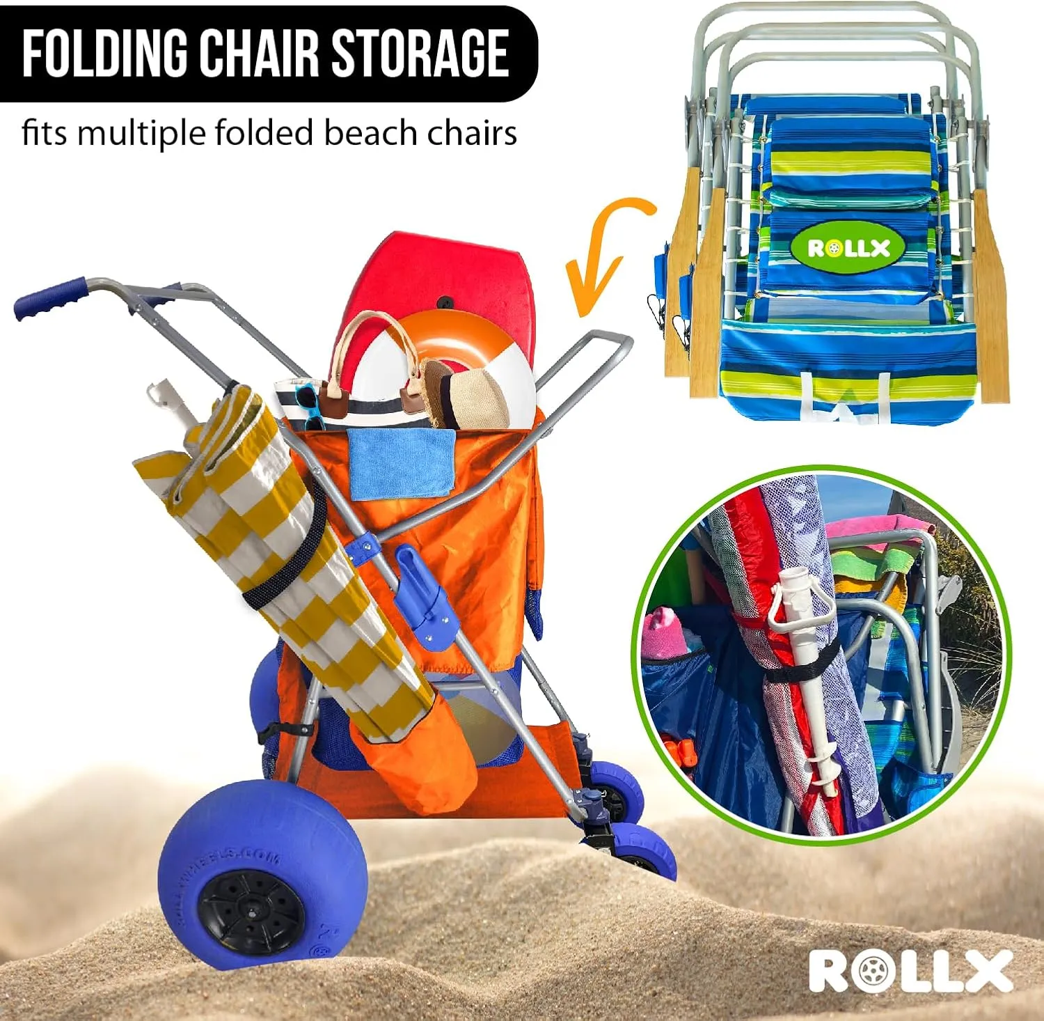 RollX Foldable Storage Wagon with 4 Balloon Wheels for Sand, Rear 13 Inch & Front 7 Inch Beach Tires (Pump Included) (Orange)
