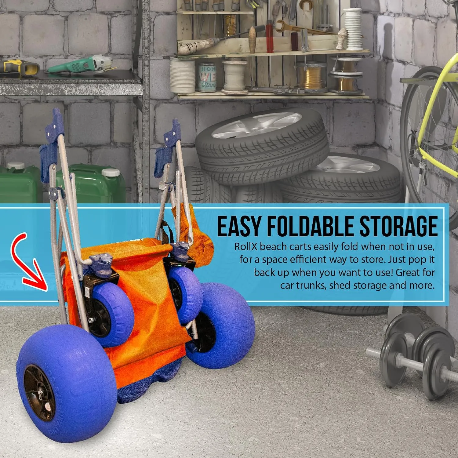 RollX Foldable Storage Wagon with 4 Balloon Wheels for Sand, Rear 13 Inch & Front 7 Inch Beach Tires (Pump Included) (Orange)