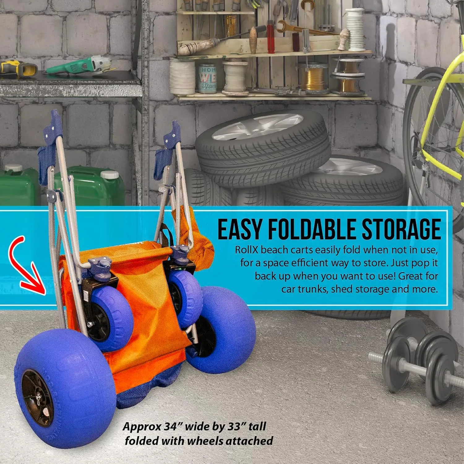 RollX Foldable Storage Wagon with 4 Balloon Wheels for Sand, Rear 13 Inch & Front 7 Inch Beach Tires (Pump Included) (Orange)