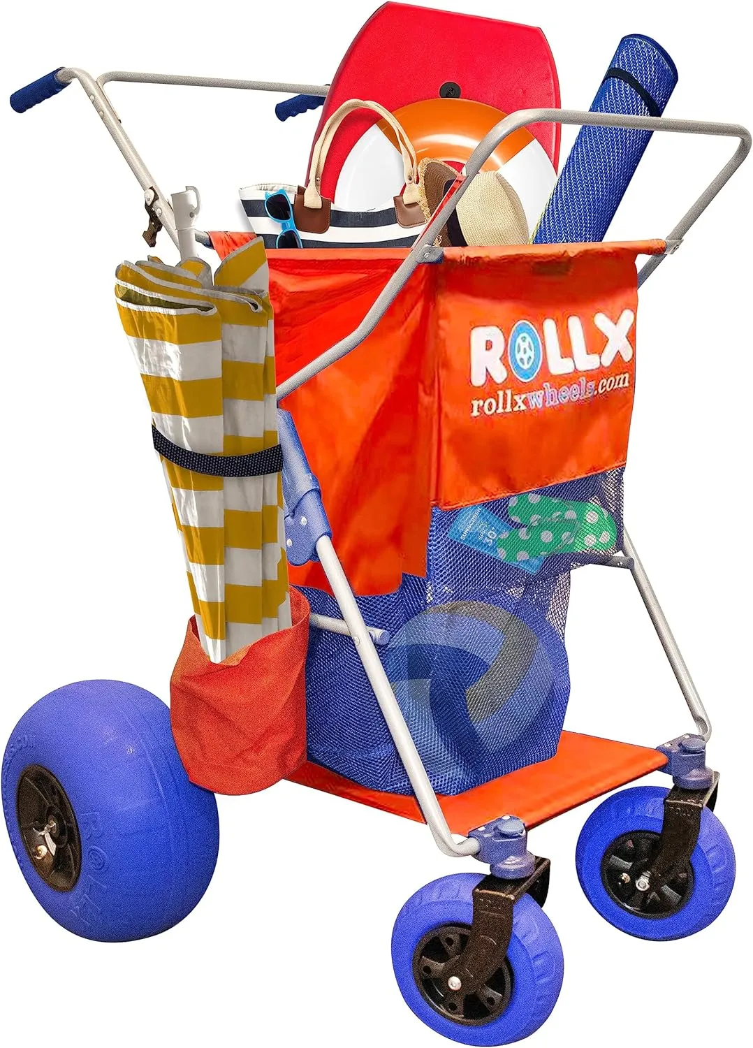 RollX Foldable Storage Wagon with 4 Balloon Wheels for Sand, Rear 13 Inch & Front 7 Inch Beach Tires (Pump Included) (Orange)