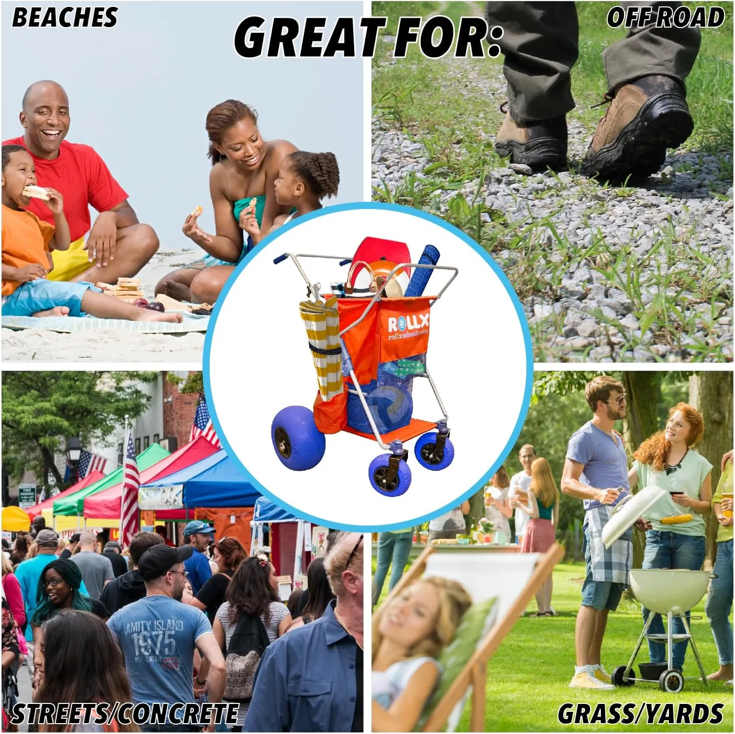 RollX Foldable Storage Wagon with 4 Balloon Wheels for Sand, Rear 13 Inch & Front 7 Inch Beach Tires (Pump Included) (Orange)