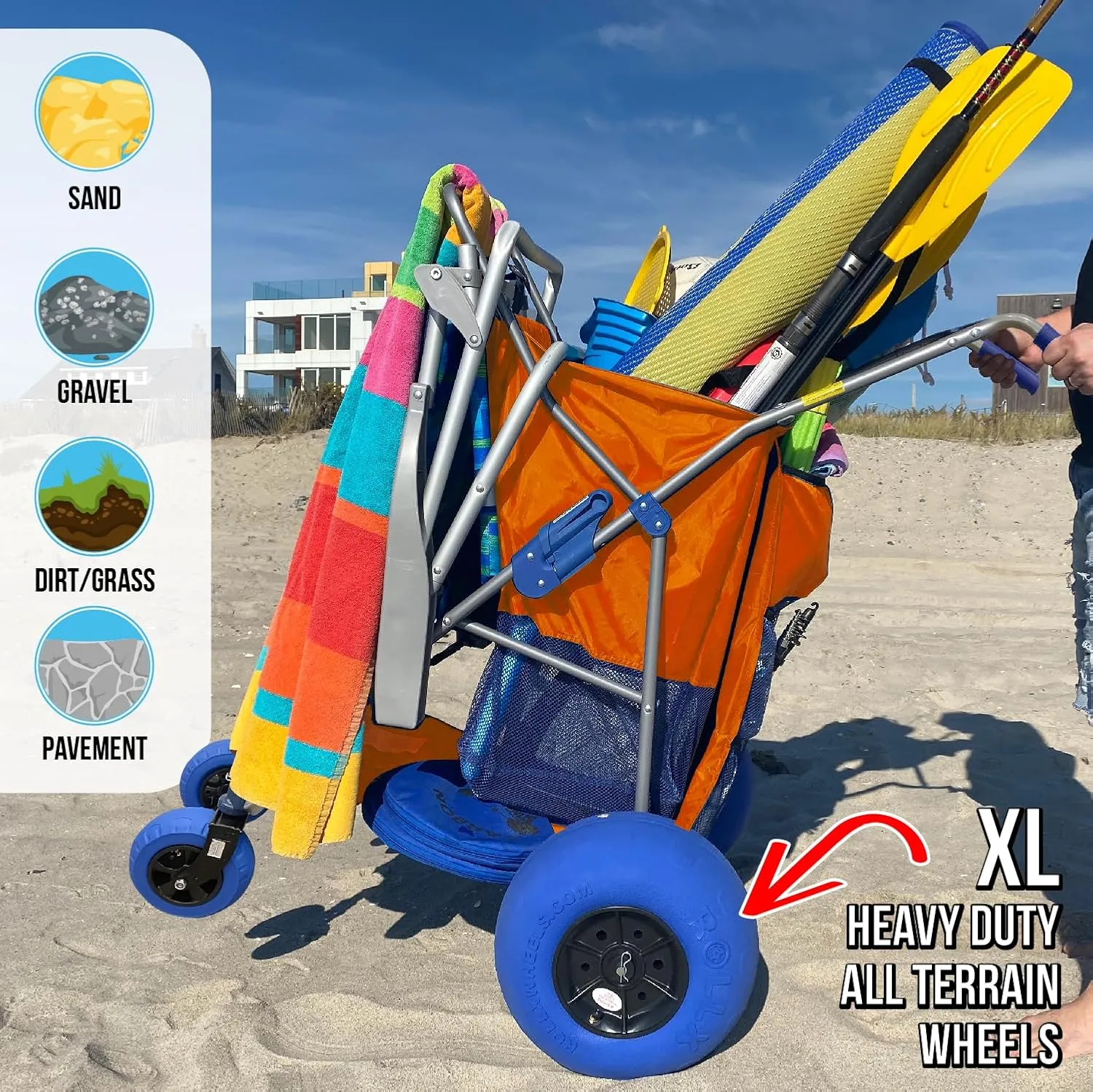 RollX Foldable Storage Wagon with 4 Balloon Wheels for Sand, Rear 13 Inch & Front 7 Inch Beach Tires (Pump Included) (Orange)