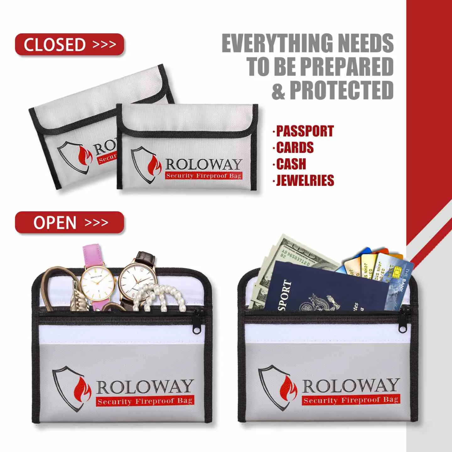 ROLOWAY SAFE 2-Pack Fireproof Document & Money Bags, 13.4x9.8 inch, Silver