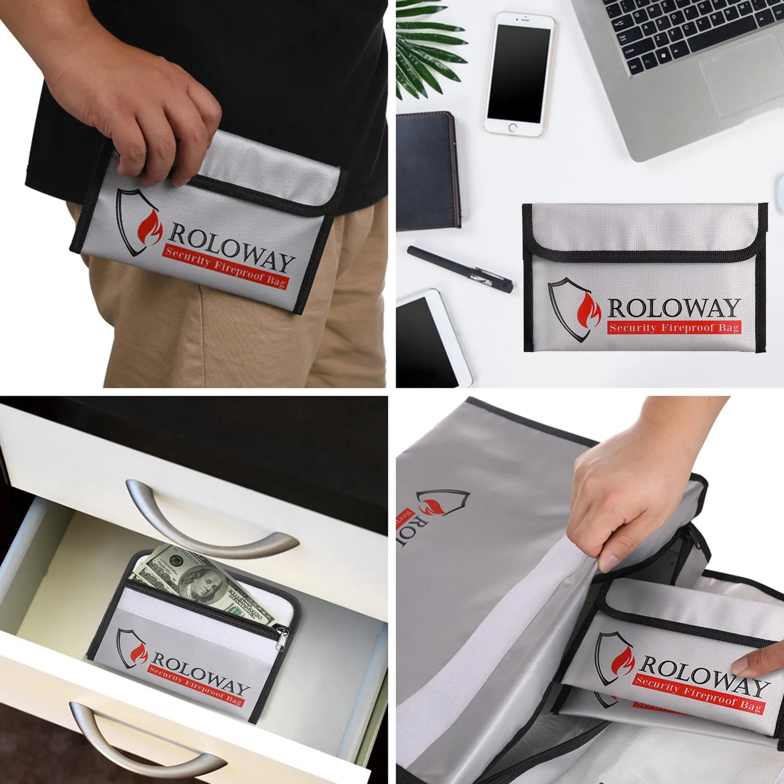 ROLOWAY SAFE 2-Pack Fireproof Document & Money Bags, 13.4x9.8 inch, Silver