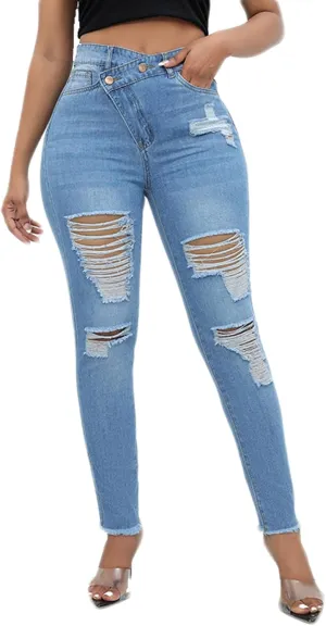 Romastory Womens Jeans High Waisted Ripped Stretchy Pants Classic Distressed Jeans for Women