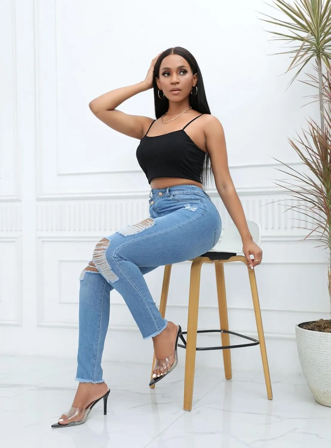 Romastory Womens Jeans High Waisted Ripped Stretchy Pants Classic Distressed Jeans for Women