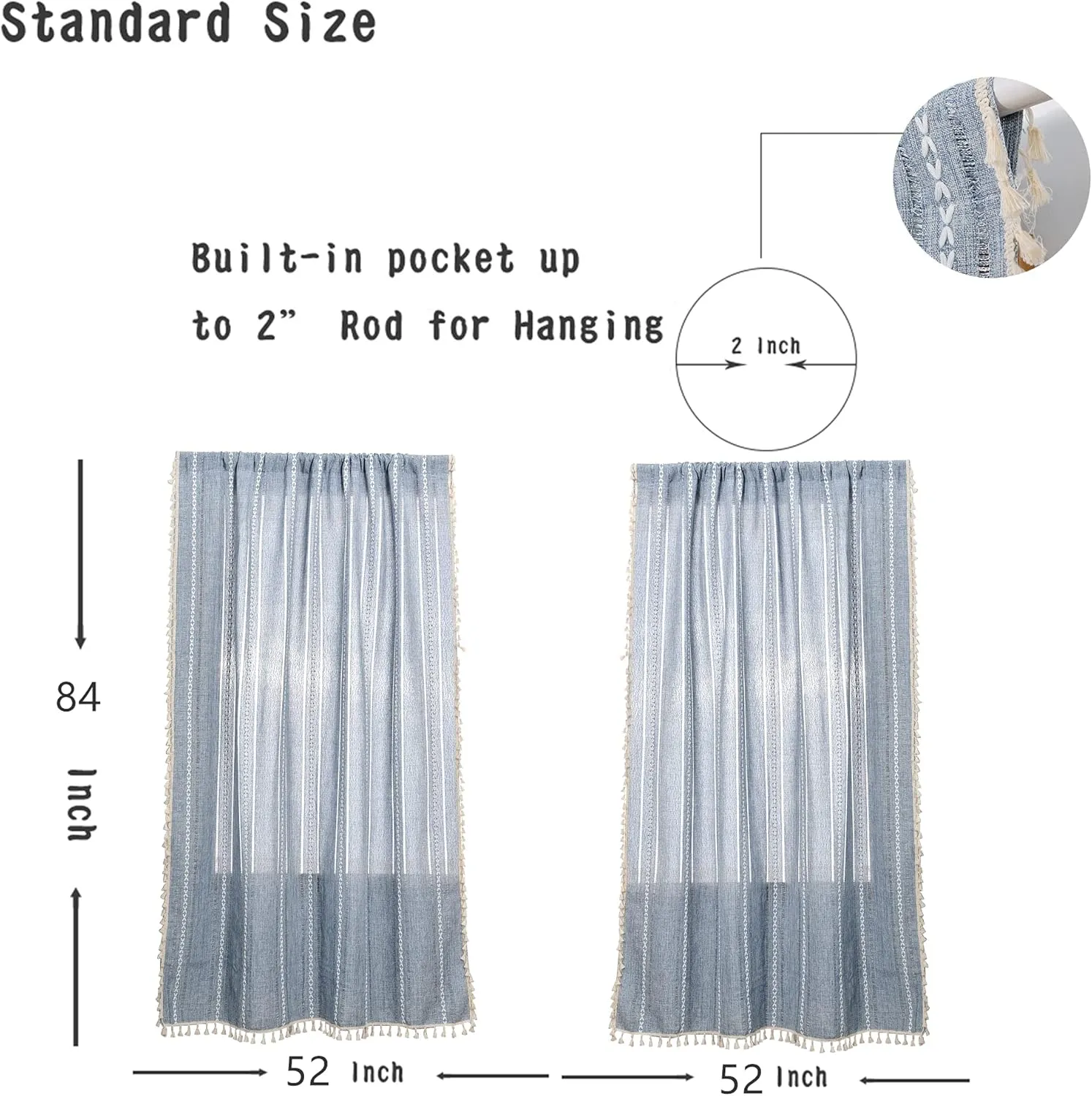RoomTalks Boho Curtains for Bedroom Living Room 84 Inch Length Blue Country Farmhouse Cotton Polyester Window Curtain Panels Embroidery Striped Bohemian Tassel Draperies (84’’L x 52’’W, Blue)