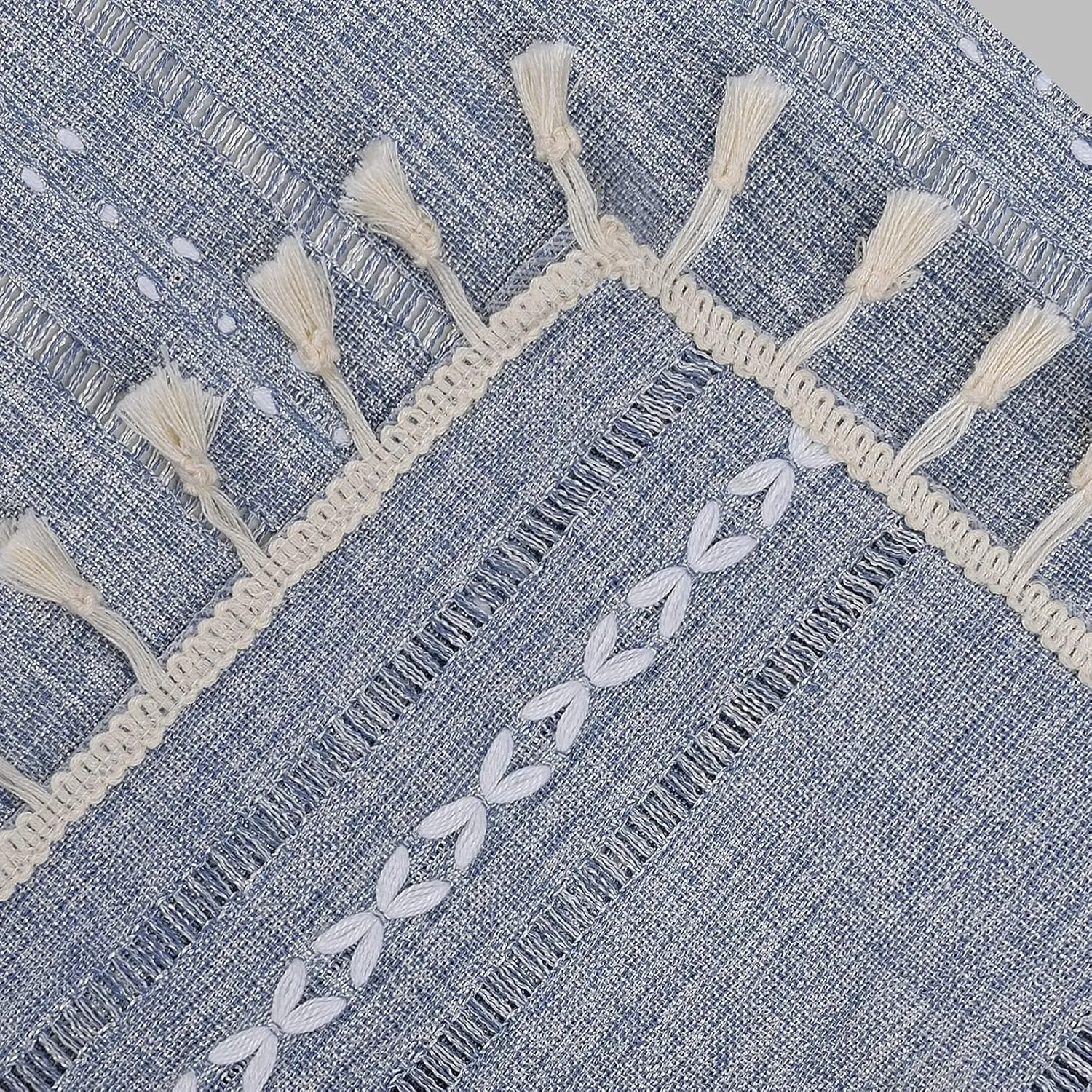 RoomTalks Boho Curtains for Bedroom Living Room 84 Inch Length Blue Country Farmhouse Cotton Polyester Window Curtain Panels Embroidery Striped Bohemian Tassel Draperies (84’’L x 52’’W, Blue)