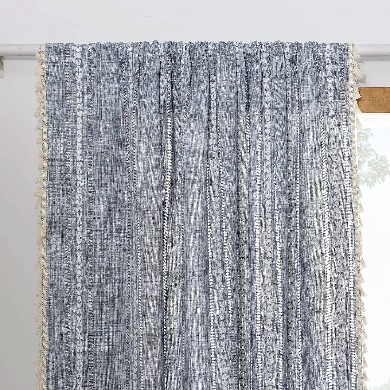 RoomTalks Boho Curtains for Bedroom Living Room 84 Inch Length Blue Country Farmhouse Cotton Polyester Window Curtain Panels Embroidery Striped Bohemian Tassel Draperies (84’’L x 52’’W, Blue)