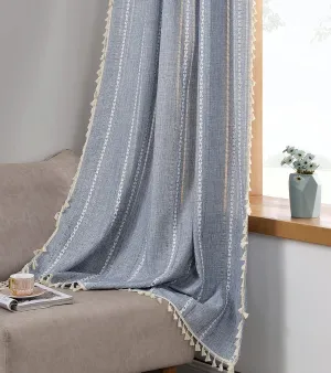 RoomTalks Boho Curtains for Bedroom Living Room 84 Inch Length Blue Country Farmhouse Cotton Polyester Window Curtain Panels Embroidery Striped Bohemian Tassel Draperies (84’’L x 52’’W, Blue)