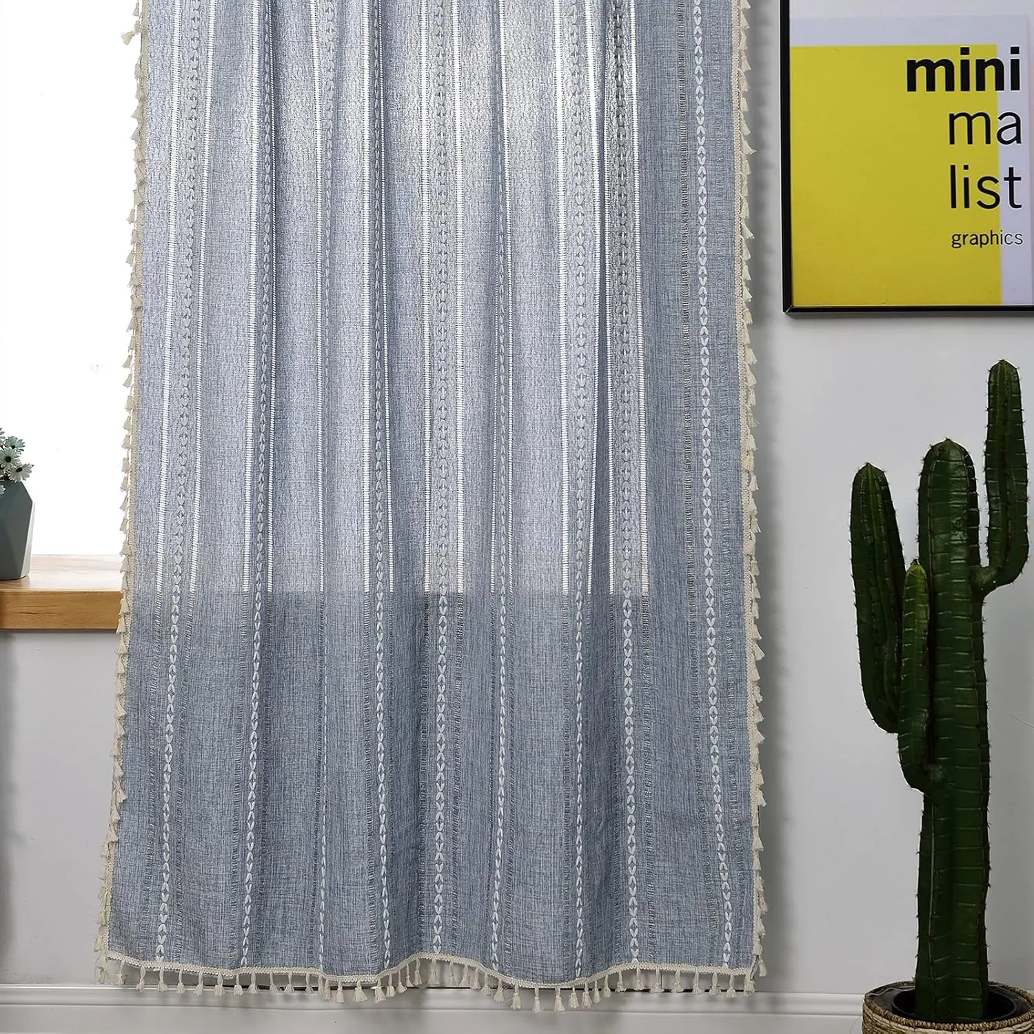 RoomTalks Boho Curtains for Bedroom Living Room 84 Inch Length Blue Country Farmhouse Cotton Polyester Window Curtain Panels Embroidery Striped Bohemian Tassel Draperies (84’’L x 52’’W, Blue)