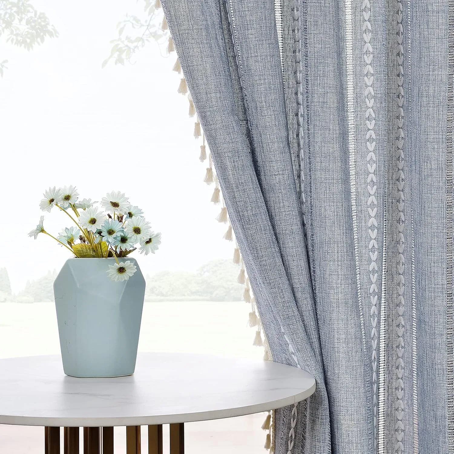 RoomTalks Boho Curtains for Bedroom Living Room 84 Inch Length Blue Country Farmhouse Cotton Polyester Window Curtain Panels Embroidery Striped Bohemian Tassel Draperies (84’’L x 52’’W, Blue)