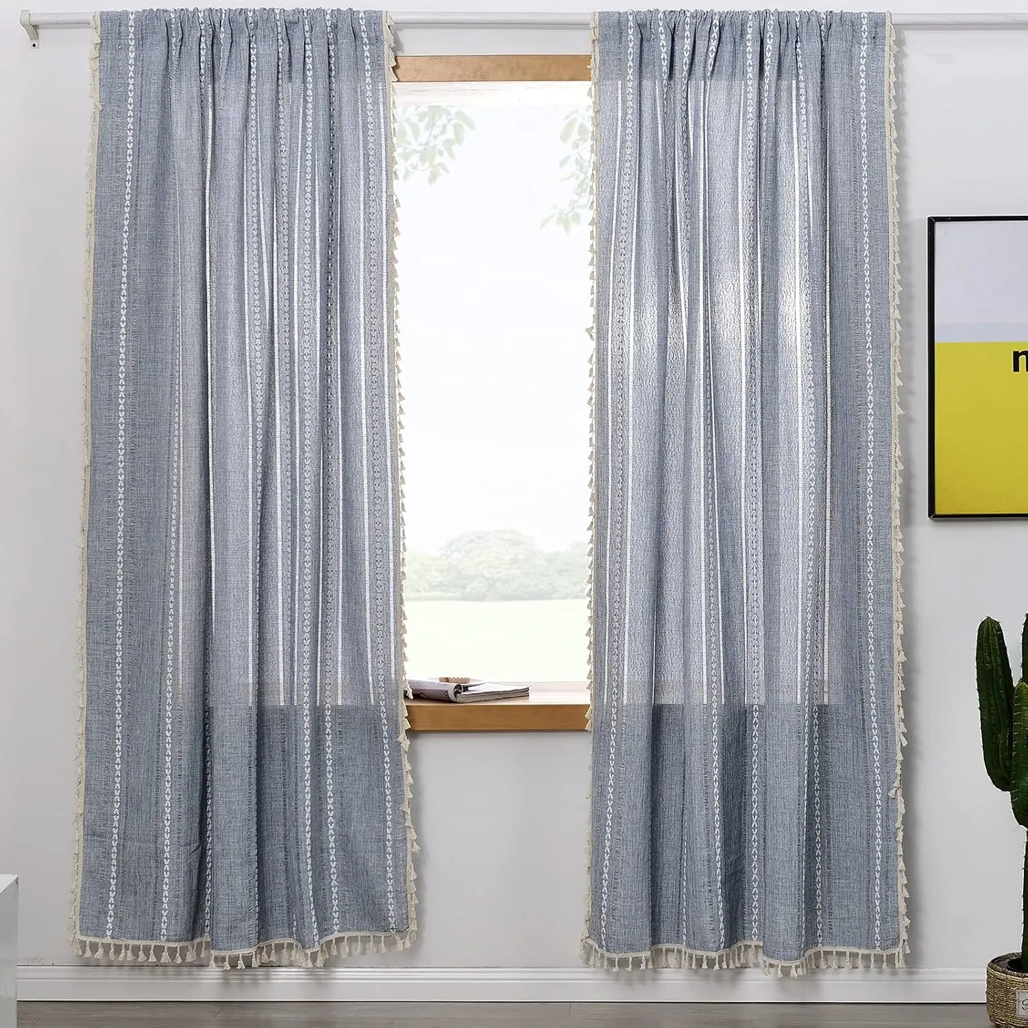 RoomTalks Boho Curtains for Bedroom Living Room 84 Inch Length Blue Country Farmhouse Cotton Polyester Window Curtain Panels Embroidery Striped Bohemian Tassel Draperies (84’’L x 52’’W, Blue)