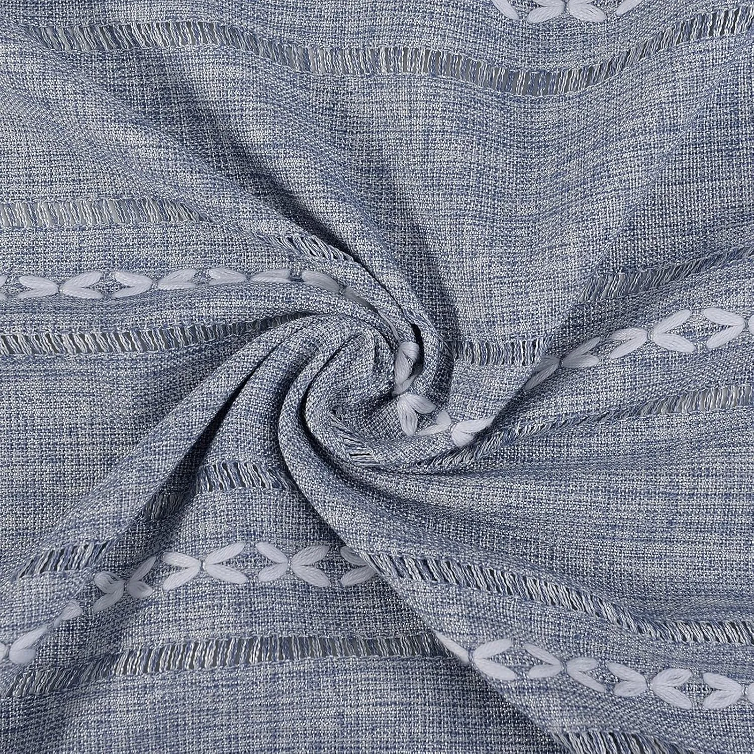 RoomTalks Boho Curtains for Bedroom Living Room 84 Inch Length Blue Country Farmhouse Cotton Polyester Window Curtain Panels Embroidery Striped Bohemian Tassel Draperies (84’’L x 52’’W, Blue)