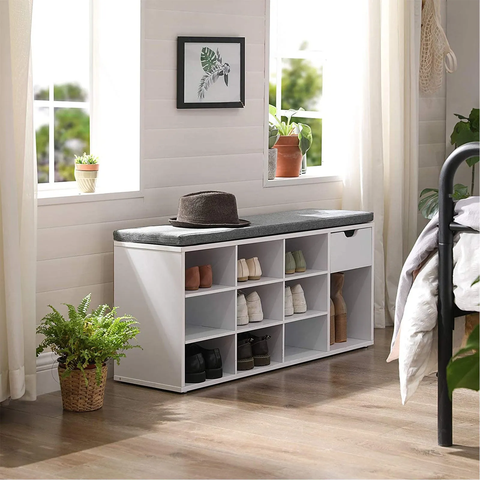 Rootz Shoe Bench - Padded Bench - Shoe Organizer - E1 Class Wood - Compact Design - Neat Storage Solution - 104cm x 30cm x 48cm