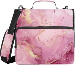 Rose Pink Gold Dots Marble Zipper Binder with Shoulder Strap Trapper Keeper 3 Ring Binder Organizer Large Capacity Multiple Compartments for School Office