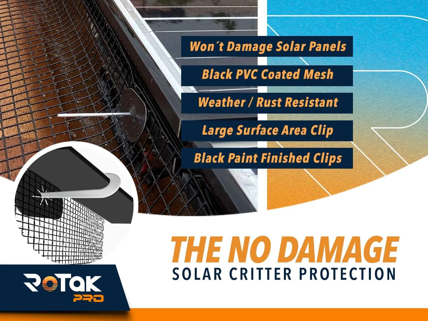 Rotak 8in X 100ft Solar Panel Bird Squirrel Critter Guard Roll Kit - 60 Fastener Clips - Used for Bird/Critter proofing Solar Panels - Removable Without Damage - PVC Coated Galvanized Steel roll…