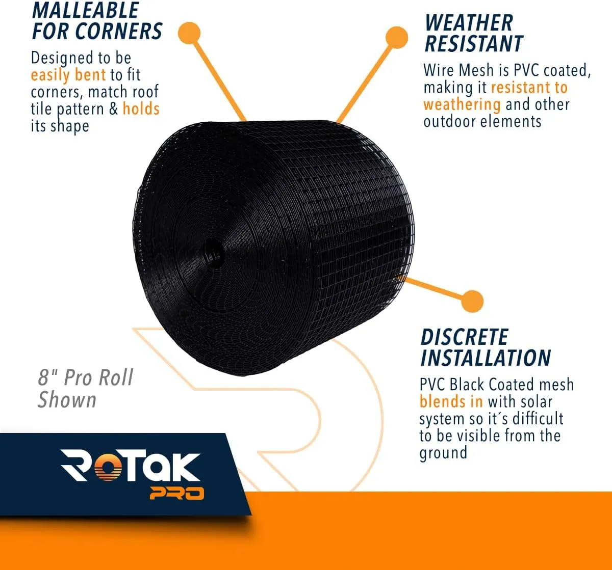 Rotak 8in X 100ft Solar Panel Bird Squirrel Critter Guard Roll Kit - 60 Fastener Clips - Used for Bird/Critter proofing Solar Panels - Removable Without Damage - PVC Coated Galvanized Steel roll…